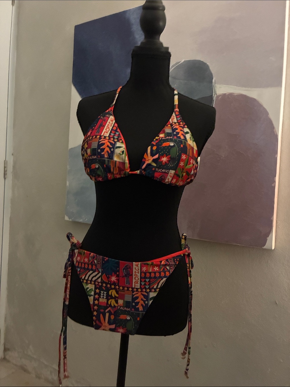 Patchwork Print Tie-Side Triangle Bikini - Multicolor